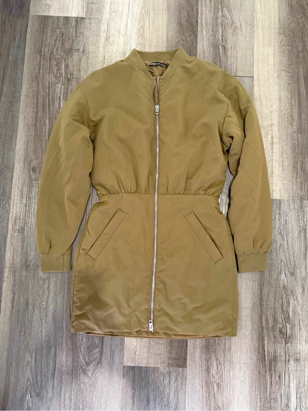 Zara Long Bomber Jacket in Olive Green